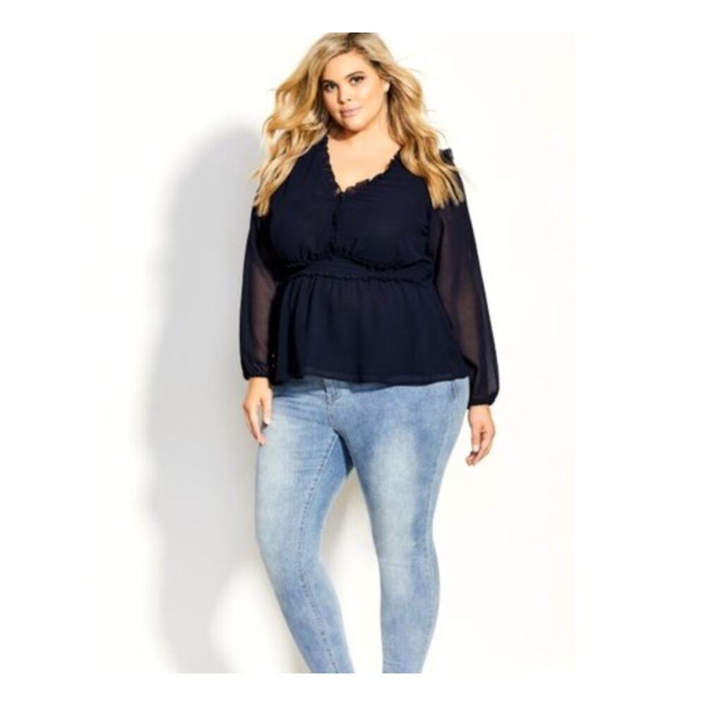 NEW City Chic Top Women's Plus Size 24 Navy Blue Ruffle Lust Peplum Hem Sheer